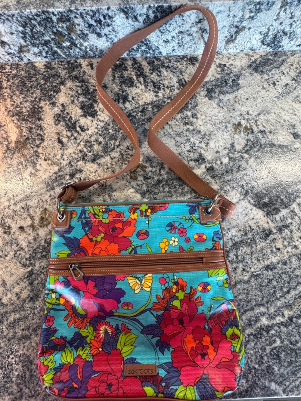 Sakroots Turquoise Floral Crossbody with Brown Strap